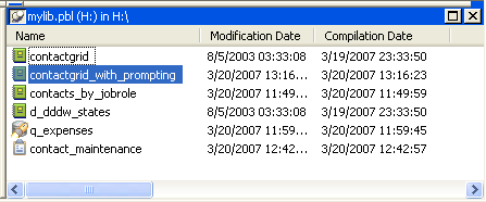 Shown is the Library Painter list view with columns labeled Name,  Modification Date, Compilation Date, Size, and Comment. Highlighted is the objects contact grid _ with _ prompting. Its comment column displays the text, "This report lets me enter selection criteria when I run the report."