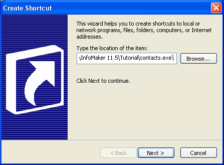 Shown is the Create Shortcut dialog box. At top is the text " Type the location and name of the item you want to create a shortcut to. Or, search for the item by clicking Browse. " Next is a text box labeled Command line and then a Browse button.