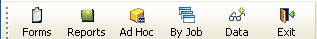 Shown is the Tool bar with buttons labeled from left to right as Forms, Reports, Ad Hoc, By job, Data, and Exit.
