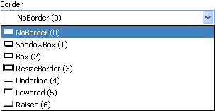 The sample shows a drop down list of choices for setting the Border property. In parentheses, each choice shows the value that corresponds to the choice.