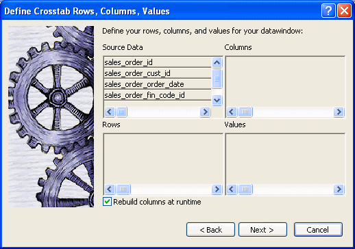 Shown is the Define Cross tab Rows, Columns, Values dialog box.