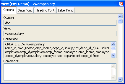 The sample shows the General tab listing Owner as d b a, and View as emp dep v w. It also displays the Definition field with the completed select statements used to create the database view.