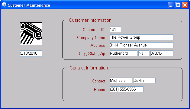 The sample shows a free form form titled Customer Maintenance with the date displayed under an icon at left. At upper right is a box labeled Customer Information with fields for Customer I D and Company Name and Address. Below it is a box labeled Contact Information with fields for contact name and phone number. 