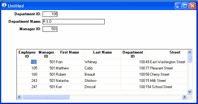 Shown is a master/detail one-to-many form. At top are fields labeled Department I D, Department Name, and Manager I D. At bottom is a grid showing employee I D, Manager I D, First Name, Last Name, Department I D, and Street. All the fields show actual data.