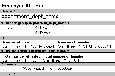 The sample displays a Header band containing the text  Employee I D and Sex, a band for Header group department _ dept _ name that contains department dept name, a Detail band with emp _ i d and radio buttons for Male and Female, and a band for trailer group department _ dept _ name with the text Number of Males and Number of females and the expressions Sum ( If ( sex = " M ", 1 , 0, ) ) and . Sum ( If ( sex = " F " , 1 , 0 ) ). A Summary band displays the text Total number of males and Total number of females. Under the text are the expressions Sum ( If ( sex = " M ", 1, 0 ) for group 1 ) and Sum ( If ( sex = " F ", 1, 0 ) for group 1). A Footer band displays the expression ’ Page ’ + page ( ) + ’ of ’ + page Count ( ).