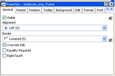 Shown is a sample general page in the Properties view. At top is an Alignment drop down list bos with the value Left ( 0 ). A Border drop down with the value Lowered ( 5 ), a selected check box for Override Edit, and cleared check boxes for Equality Required and Right To Left.