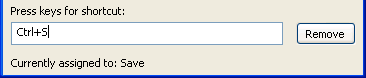 The sample shows the box labeled Press keys for shortcut from the bottom of the Keyboard shortcuts display. The box displays the text Control + S. Below that is the message Currently assigned to : Save.