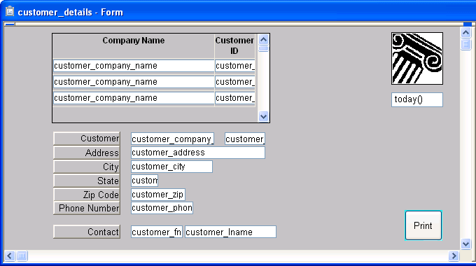 This sample report was formatted using the predefined Info Maker Master / detail many to one form style. At top is a scrollable two column master section listing Company Names and their Customer I Ds. Below this is detailed information for the selected Company Name. It includes left justified text boxes of displayed data with right aligned labels to their left. The selected company in the master section is The Power Group and data for this customer such as  Address and Contact information is displayed in the detail section.