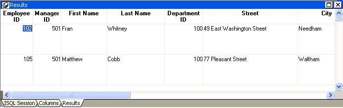 The sample shows shows a few rows and columns of data  from the Employee table in the E A S Demo D B as viewed in the Database painter. The screen is titled Results and shows three rows of data in columns titled Employee I D, Manager I D, First Name, Last Name, and Department I D.