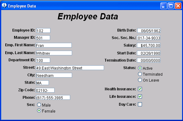 Shown is a Free form form style example titled Employee Data. It displays multiple fields in two long columns that are left aligned along the text boxes, radio buttons, and check boxes shown. Labels for all fields are to the left of the data and are right aligned with it. The form uses text fields for data such as employee name and address, radio buttons for Sex and Status, and check boxes for individual benefits.