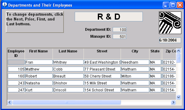 The sample shows a master / detail one to many form labeled Departments and their Employees. The center top section displays fields for the department name, I D, and Manager I D. Below is a scrollable grid that displays six rows of data in columns labeled Employee I D, First Name, Last Name, Street, City, State, and Zip Code. 