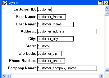 Shown is the basic form for the freeform form as it displays in the Form painter Layout view. Left aligned text fields display data for all columns in the Customer table, such as Customer I D, First Name, and Last Name. Each field has a label to its left.