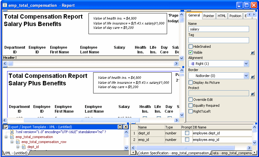 The sample shows a Data Window object in the Data Window painter with the default layout. The Design view at top left shows a grid of dots representing the DataWindow object and indicates the placement of its controls, including the sample’s title, Total Compensation Report Salary Plus Benefits. The Preview view at middle left shows the Data Window object as it will appear at execution time, without the grid. The Export Templte view at bottom left shows the default template for importing and exporting data. The Properties view at top right shows tabs labeled General, Pointer, and Pirnt Specification, and is open at the General tab. At bottom right, the Column  Specifications View displays the list of columns in the data source.