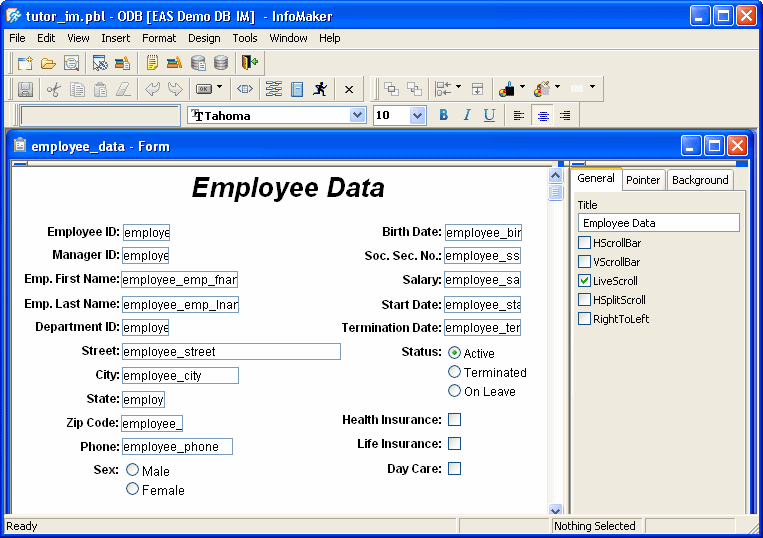 Shown is the Form painter Layout view for a Freeform form style. At top are a menu and three toolbars, then a field displaying the selected form, which is Employee Data, the font, which is Arial, the point size, which is set at 20, and buttons for Bold, Italic, and Underline. Below this at left is a partial view of the layout of the data, and at left is the General tab with a selected check box for Visible, a Border drop down list with No Border ( 0 ) selected, an Alignment dorp down set at Center ( 2 ), and a box labeled Text with the entry Employee Data. 