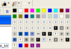 Shown is the Background Color drop down toolbar. It includes boxes of color in a grid of 10 columns and 7 rows. The first two rows display standard colors, most boxes in the next two rows are labeled C for custom colors, and the rest of the boxes have various labels such as L, T, and B that show colors defined for different types of links, text, and background.