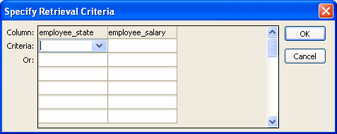 Shown is a sample grid with a column titled employee _ state down arrow and a drop down list box with the state M A selected. A second column titled employee _ salary displays the text entry > 50000. Each column has multiple rows for entries.