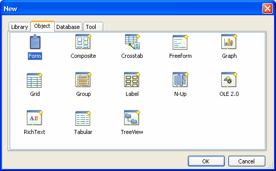 The sample shows the Object tab page, which displays a series of labeled icons. The icons shown are Form, Composite, Crosstab, Freeform, Graph, Grid, Group, Label, N - Up, OLE 2 point 0, Rich Text, and Tabular.