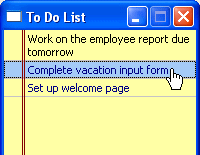 The sample shows a small window titled the To Do List with two sample items. Pointing to the second item is a picture of a hand.