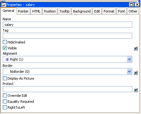 The sample shows the General tab in the Properties view. At top is a Name box displaying the column name dept _ i d. Next is the Tag box displaying " The department i d is a 3 digit code. It is the key field dot dot dot." A Hide Snaked check box is cleared. Next is a selected check box labeled Visible. Alignment is displayed as Center ( 2 ), Border as No Border ( 0 ). A Display As Picture check box is cleared, a box labeled Protect is blank. Next are cleared check boxes for Override Edit, Equality Required, and Right to Left.
