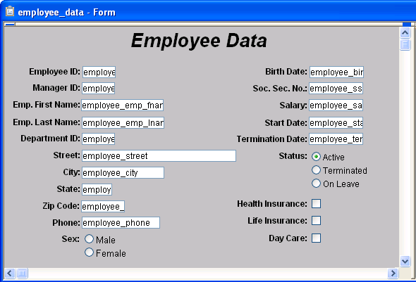 This sample shows a form titled Employee Data that was created with the predefined Info Maker freeform form style. All the displayed employee data fields are aligned left justified in two columns. At the left of each field is a label for the field such as Employee I D : and Manager I D :. The labels are right justified. The form includes text boxes, radio buttons, and check boxes.