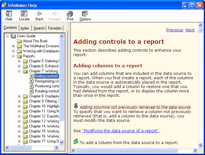 The sample shows the Info Maker Help window. At top are buttons labeled Hide, Back, Forward, Print, and Options. At left is the Contents tab with an expanded tree view of topics in a User’s Guide. At right the content for the selected topic is displayed.