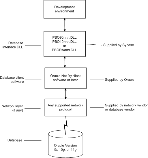 The figure shows the components of an Oracle database connection. At top is the Development environment. It is   connected to the Database interface D L Ls called P B 0 7 3 n 0, 8 4 n 0, or 9 0 n 0 dot D L L, which are supplied by Sybase. The Database interface D L Ls are connected  to the Oracle Sequel * Net or Net 8 client software. The client software can go through a network layer, if any, using any supported network protocol supplied by a network or database vendor, and it connects finally to an Oracle version 7 dot 3, 8 dot x / 8 i or 9 i database.