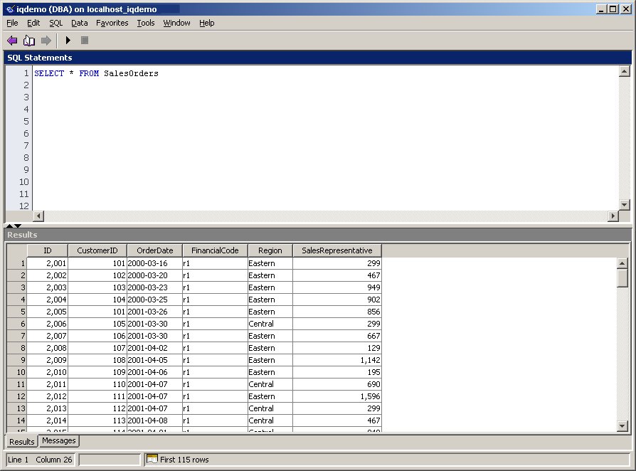 Shown is the Interactive sequel window with two panes. The top pane, sequel statements, contains the text select asterisk from employees; The bottom pane, results, displays the values of each row of columns in the table, sorted by row ID in descending order. Below the results are tabs for Messages and Plan and the row count 75 rows