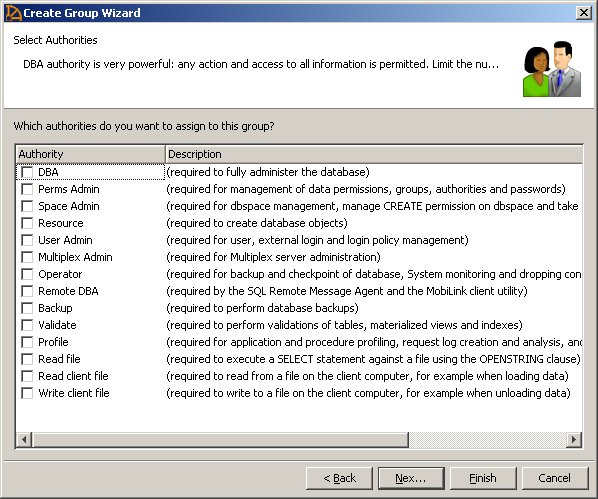 Group wizard authorities dialog