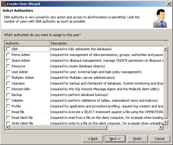 User wizard authorities dialog