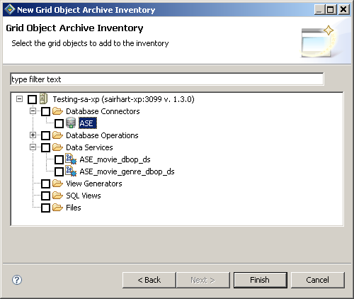 The GOA inventory wizard displays a hierarchy of archivable objects in the connected grid domain. Objects are grouped in folders by type (database connectors, data services, files, and so on). Each object and category has a checkbox you can use to select it.