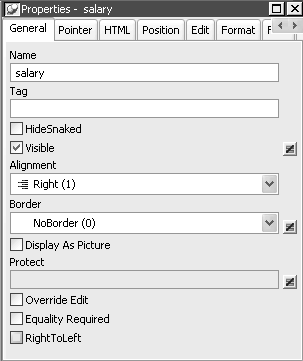 The sample shows the General tab in the Properties view. At top is a Name box displaying the column name dept _ i d. Next is the Tag box displaying " The department i d is a 3 digit code. It is the key field dot dot dot." A Hide Snaked check box is cleared. Next is a selected check box labeled Visible. Alignment is displayed as Center ( 2 ), Border as No Border ( 0 ). A Display As Picture check box is cleared, a box labeled Protect is blank. Next are cleared check boxes for Override Edit, Equality Required, and Right to Left.